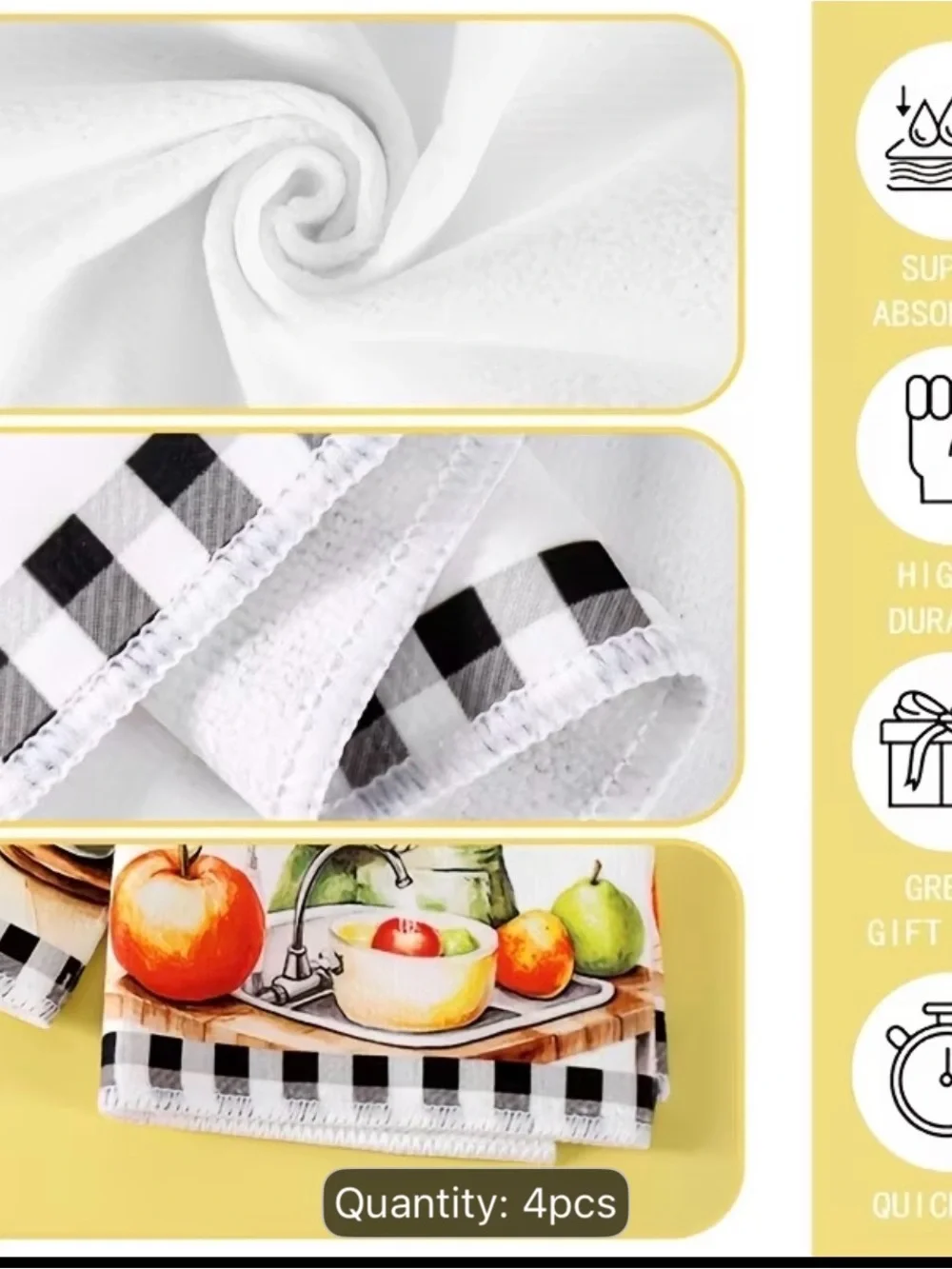 4 Pcs Cute Kitten Chef Kitchen Towels Black White Buffalo Check Decorative Hand
